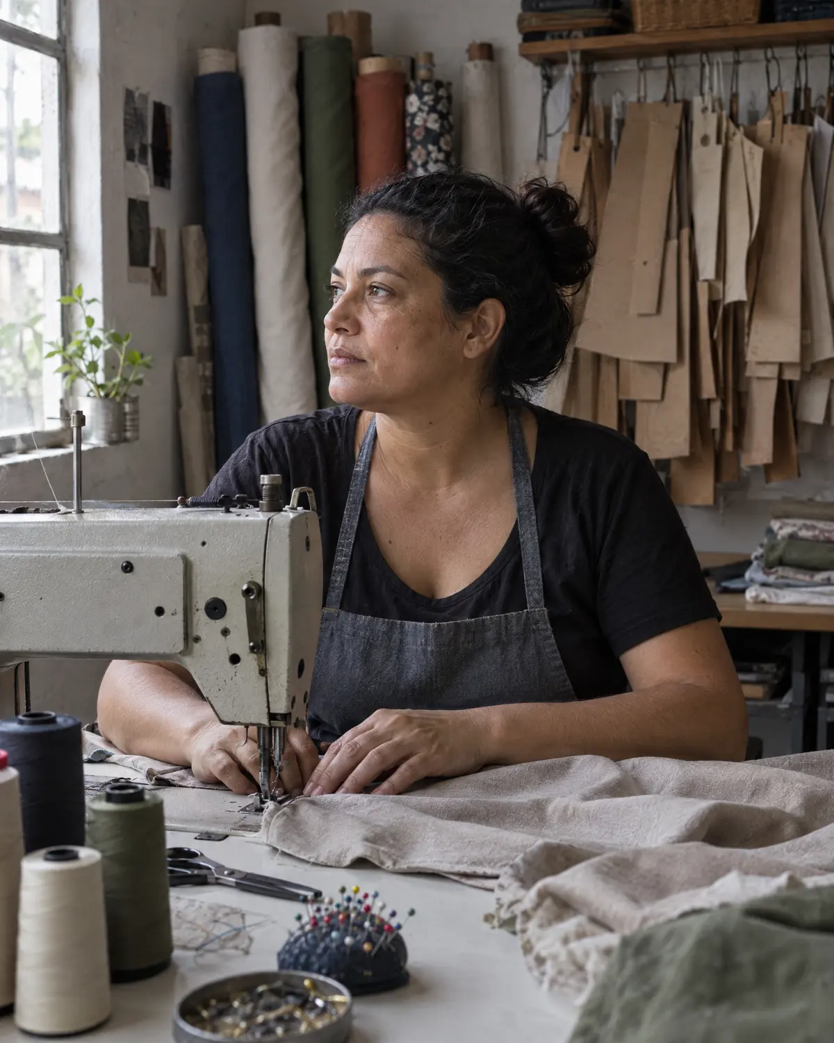 Costureira na máquina de costura do seu ateliê, olhando para a janela