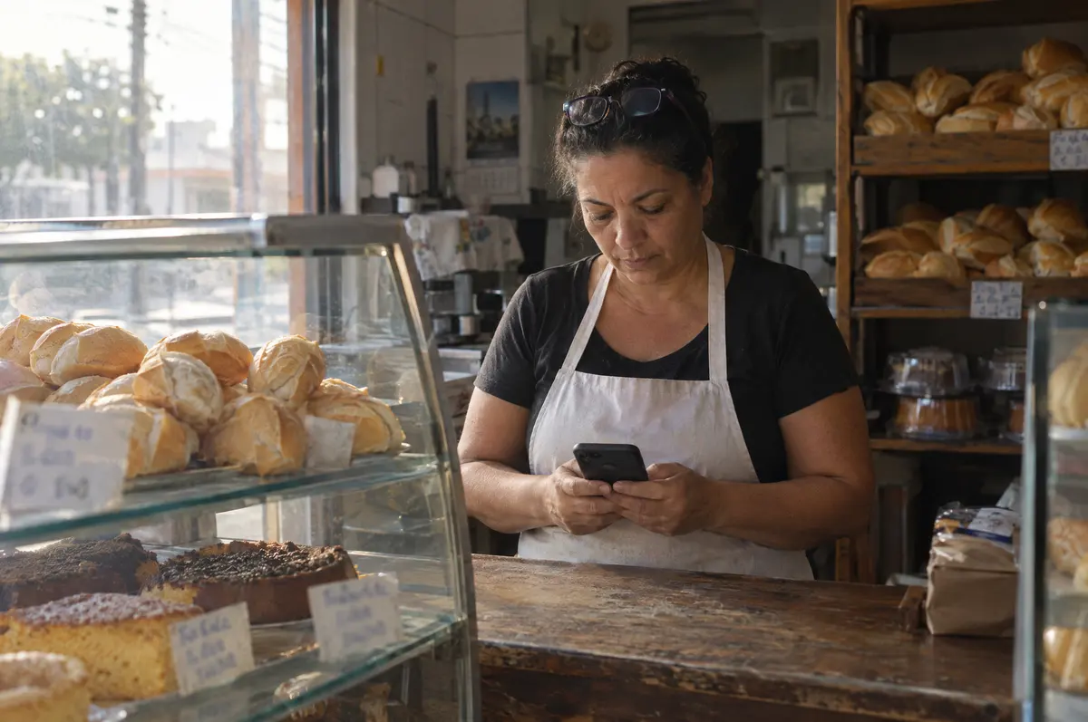 Dona de padaria confere o celular atrás do balcão, de manhã cedo