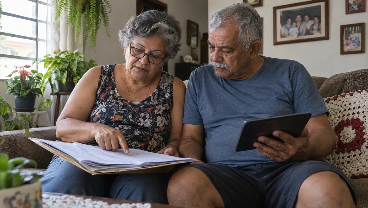 Casal de aposentados revisa documentos juntos no sofá de casa