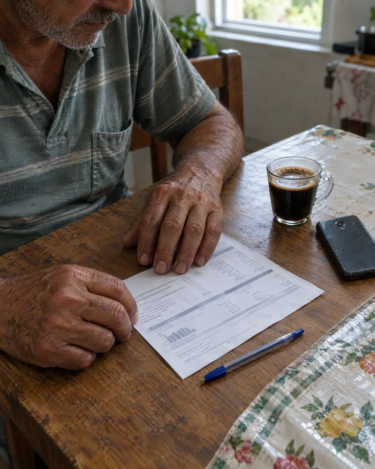 Mãos de um senhor sobre a mesa da cozinha, ao lado de um extrato impresso e de um café