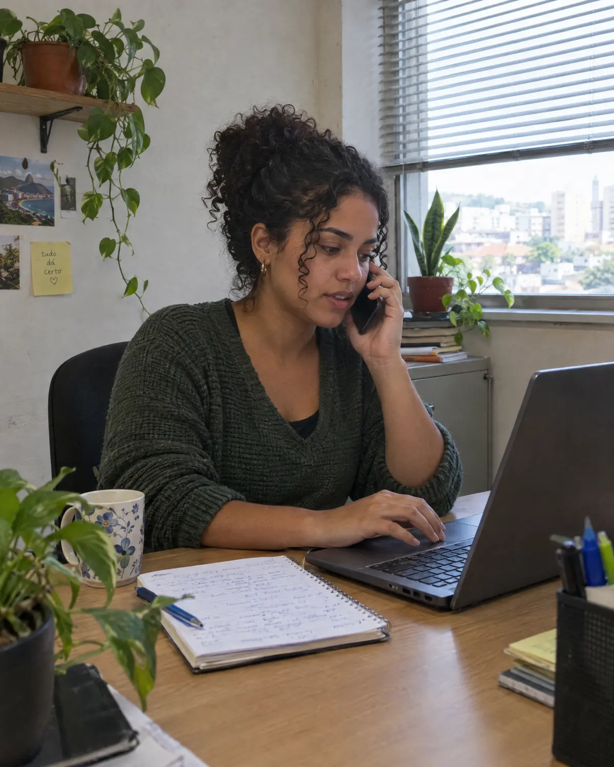 Atendente fala ao telefone e responde mensagens no notebook