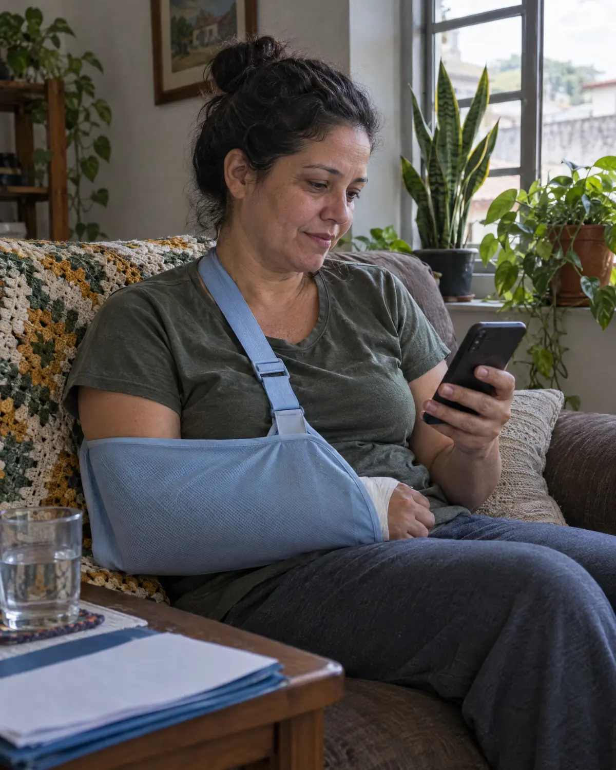 Mulher com o braço imobilizado lê uma mensagem no celular, sentada no sofá de casa